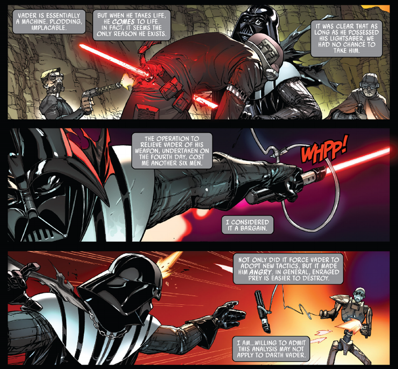 Tarkin’s narration provides a cold cruelty to the intensity of Vader’s rage.